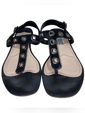 Prada Sandals Womens Size 37 Black Suede T-Strap Grommets Shoes Italy Designer